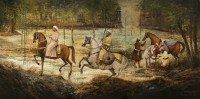 A. Q. Arif, Preparing to make their mark at the hunt, 36 x 72 Inch, Oil On Canvas, Citiscape Painting, AC-AQ-388